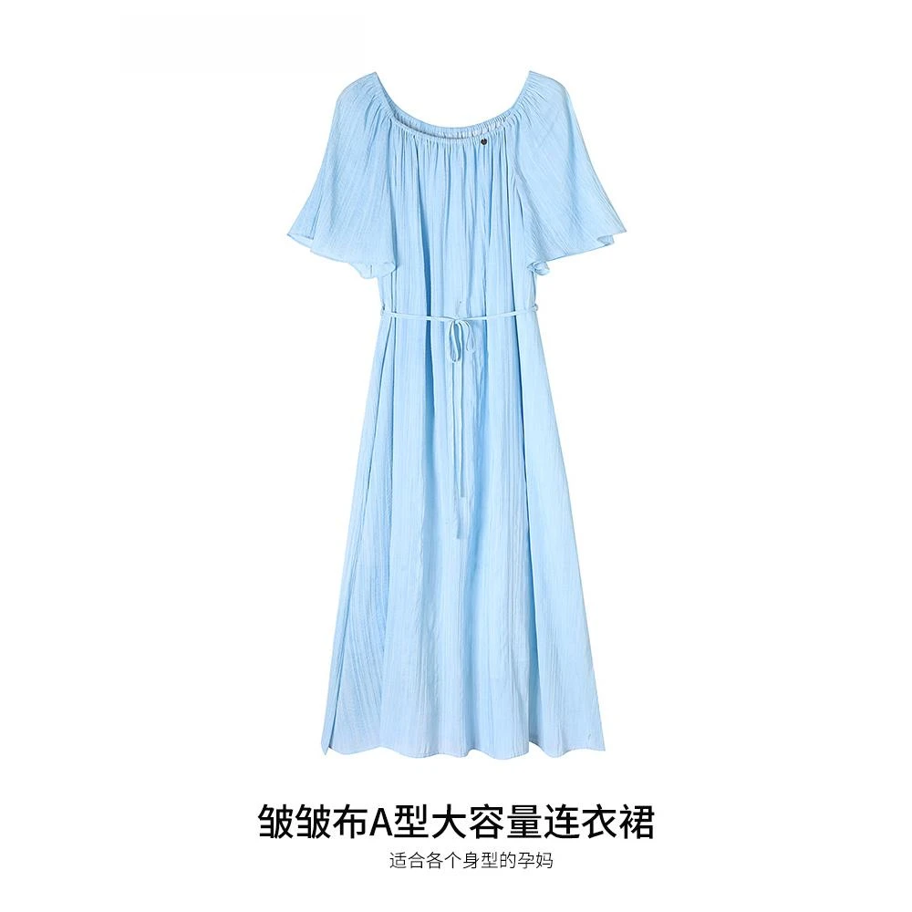 25夏薄款孕妇褶皱法式长裙短袖连衣裙宽松大容量裙子HH32647