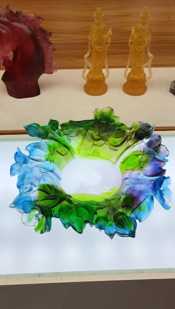 手工艺品琉璃彩色睡莲果盘35公分