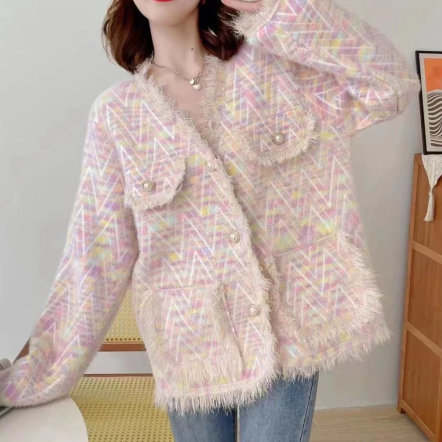 2174-法式高级感小香风外套女百搭V领网红针织开衫上衣