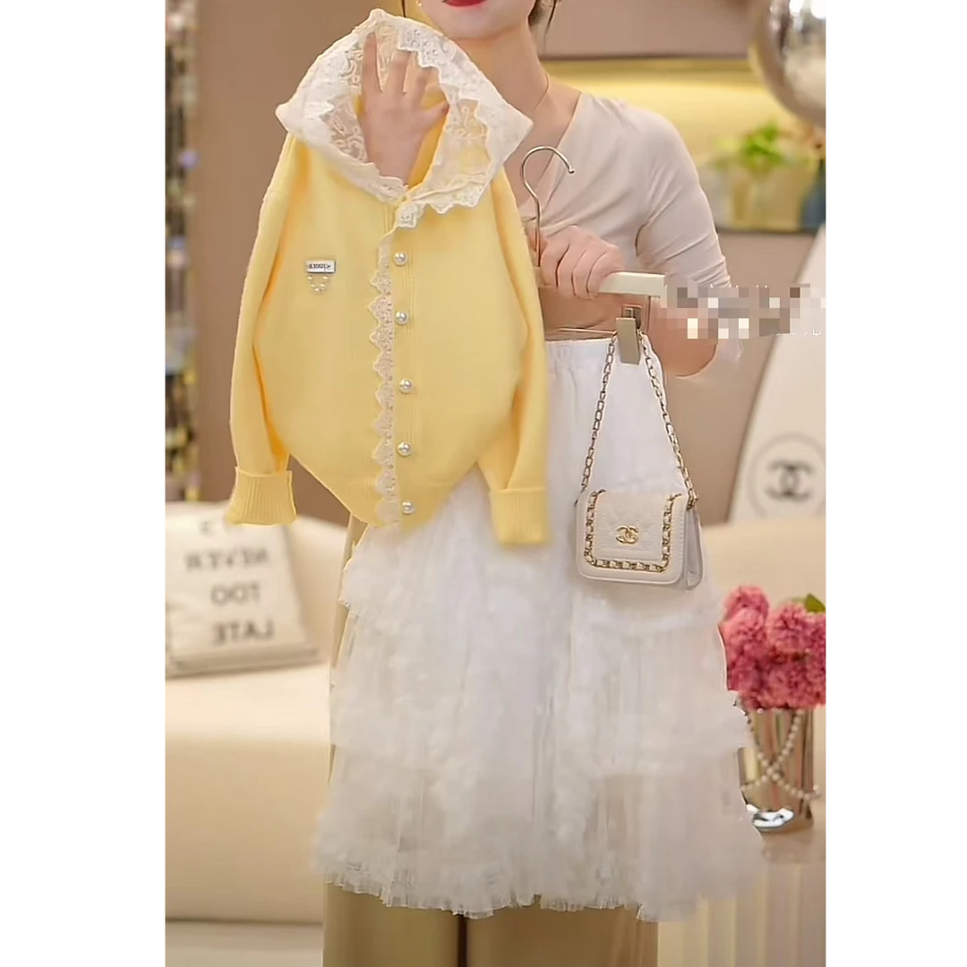 女童套装2025新款春秋女孩洋气时髦蕾丝连帽针织衫蛋糕长裙两件套