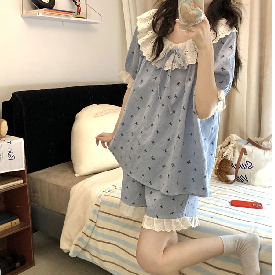 韩版甜美花边圆领睡衣女夏季薄款短袖短裤宽松少女家居服套装夏天