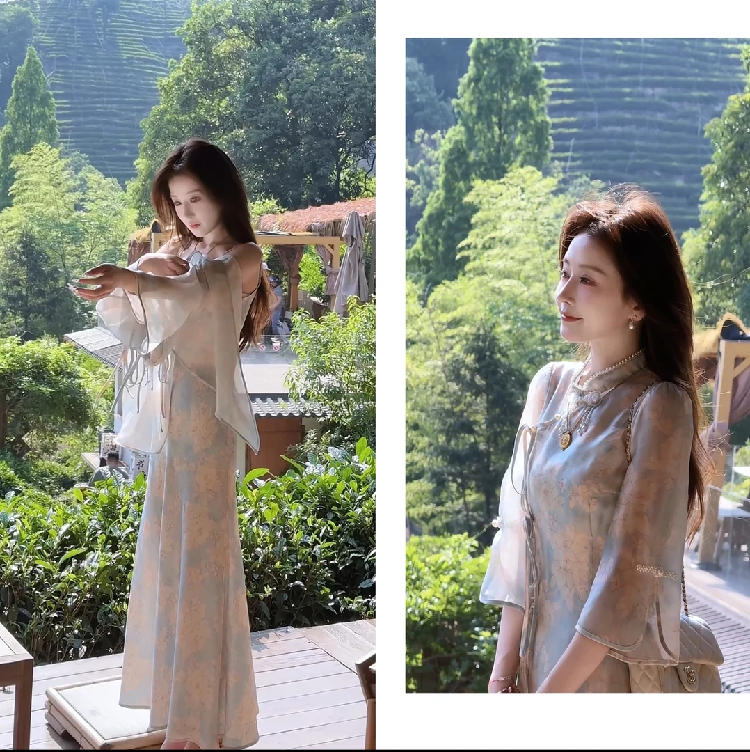 旗袍裙子女款爆款2025新款新中式国风牡丹花松量改良旗袍套装