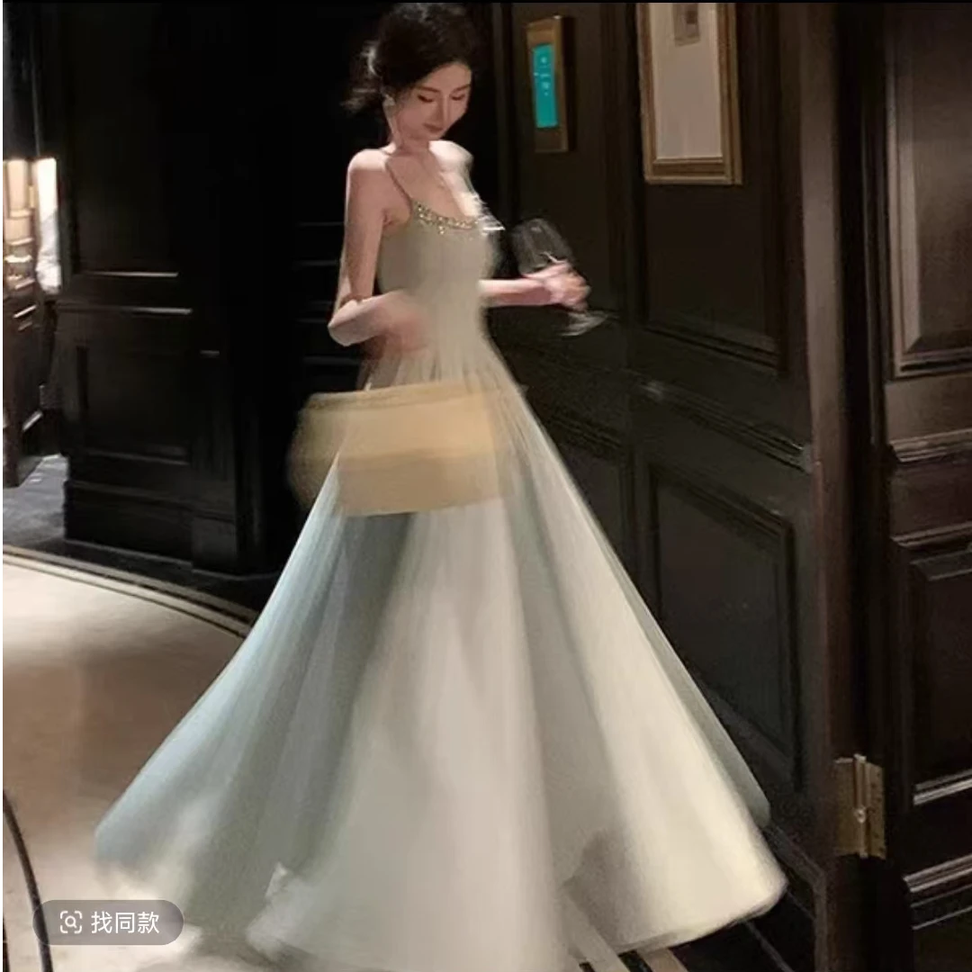 【运补6-8】轻奢高级感蓝色水晶吊带连衣裙请冷感礼服沙滩海边度假