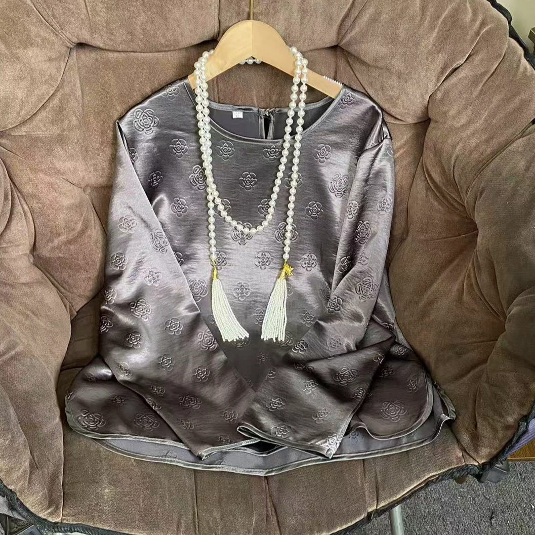 【花骨】2025春装新款缎面女士打底衫 复古圆领轻奢国风休闲小衫