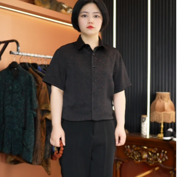 【正宗香云纱】100%桑蚕丝夏季新款复古印花短袖男高端时尚休闲衬衫