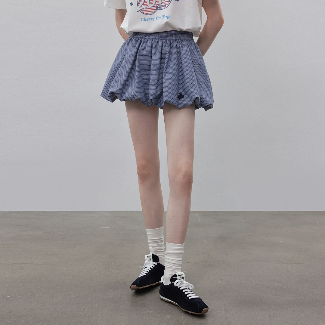 樱桃KIRSH 格子少女感花苞裙短裙女2025新款韩版A字半身裙蓬蓬裙