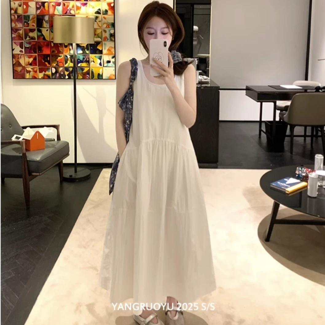 收腰夏装女装法式长裙无袖法式闪钻气质连衣裙圆领高腰韩版