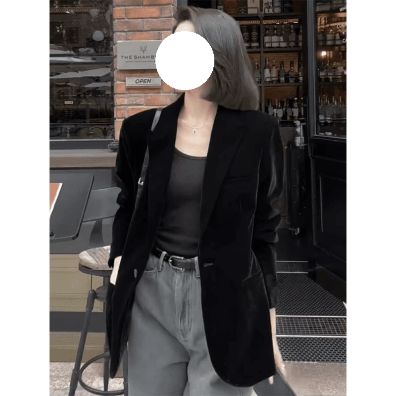 高级感炸街黑色丝绒西装外套女春秋显瘦气质女神范小个子西服上衣