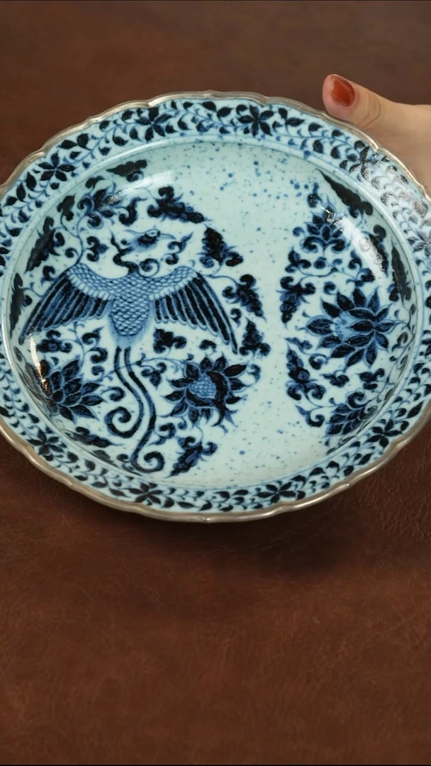 元青花缠枝莲凤纹描银壶承