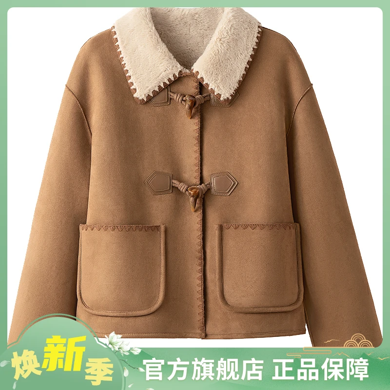 2025冬装新款女装时尚拼接翻领牛角扣长袖宽松保暖外套S44R7295A