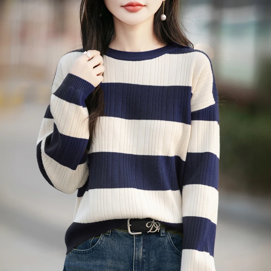 品牌女装正秋冬新款条纹圆领长袖针织衫宽松慵懒风显瘦百搭毛衣
