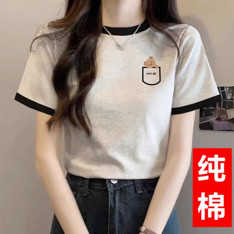 2025夏季印花圆领新款纯棉正肩短袖T恤女显瘦洋气百搭上衣小众