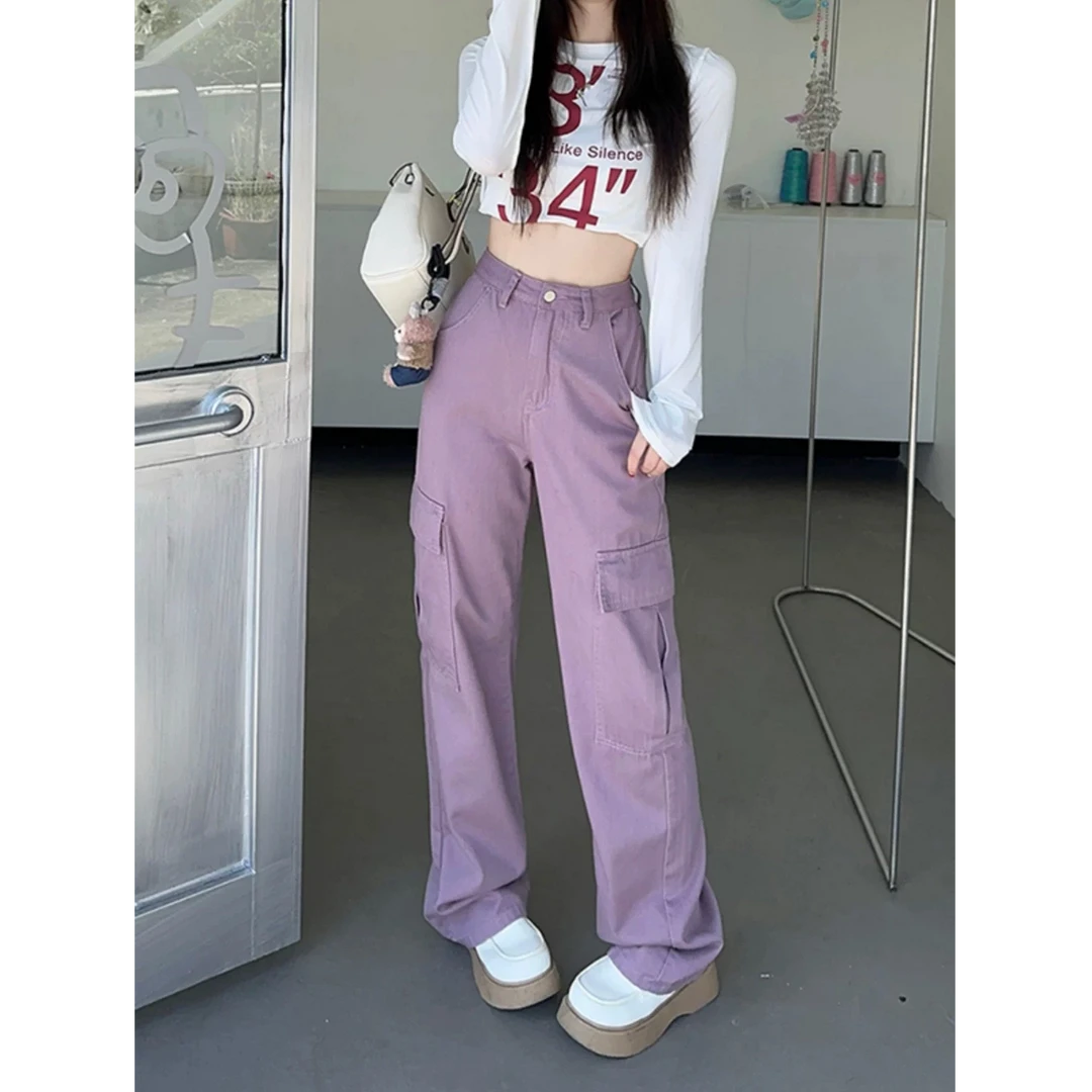 627#丁香紫女直筒高腰牛仔工装裤纯色帅气百搭时尚阔腿休闲长裤
