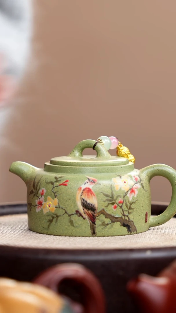 【闪购商品】紫砂茶壶豆青砂曼生井栏泥绘鸟016