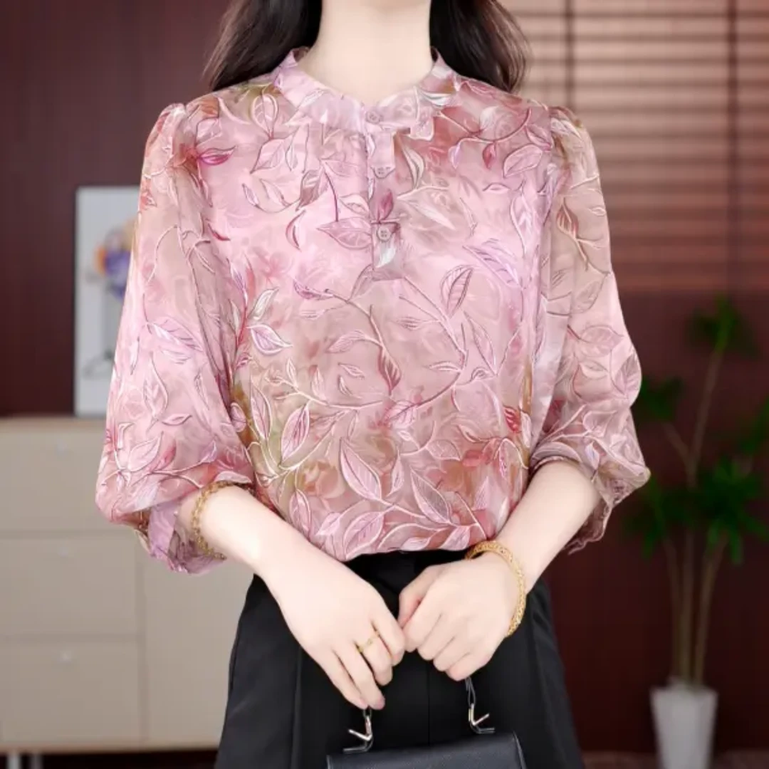 X 金枝玉叶2025夏季新款衬衫圆领叶子提花显瘦气质减龄洋气上衣