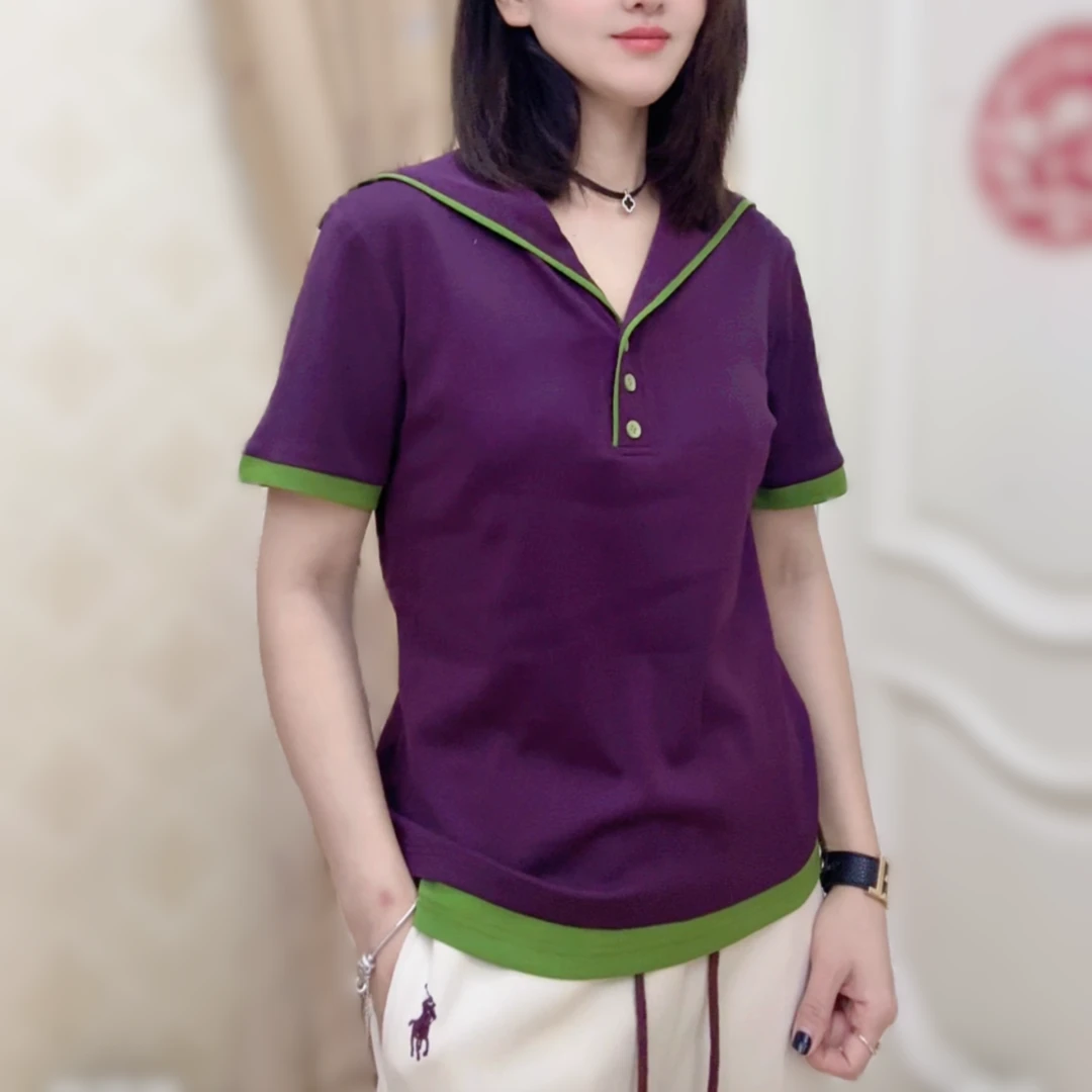 夏季新款女短袖撞色拼接刺绣海军领洋气百搭翻领显瘦