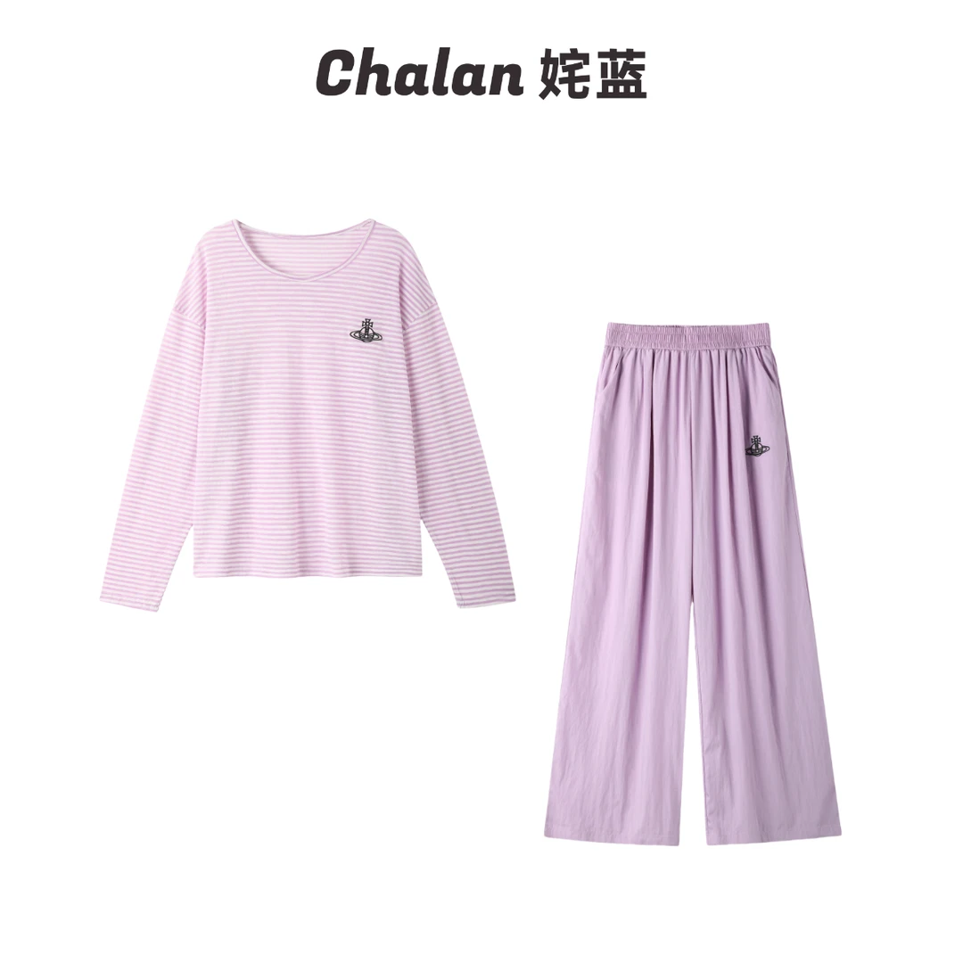 CHALAN姹蓝 夏季宽松条纹土星慵懒阔腿长裤套装