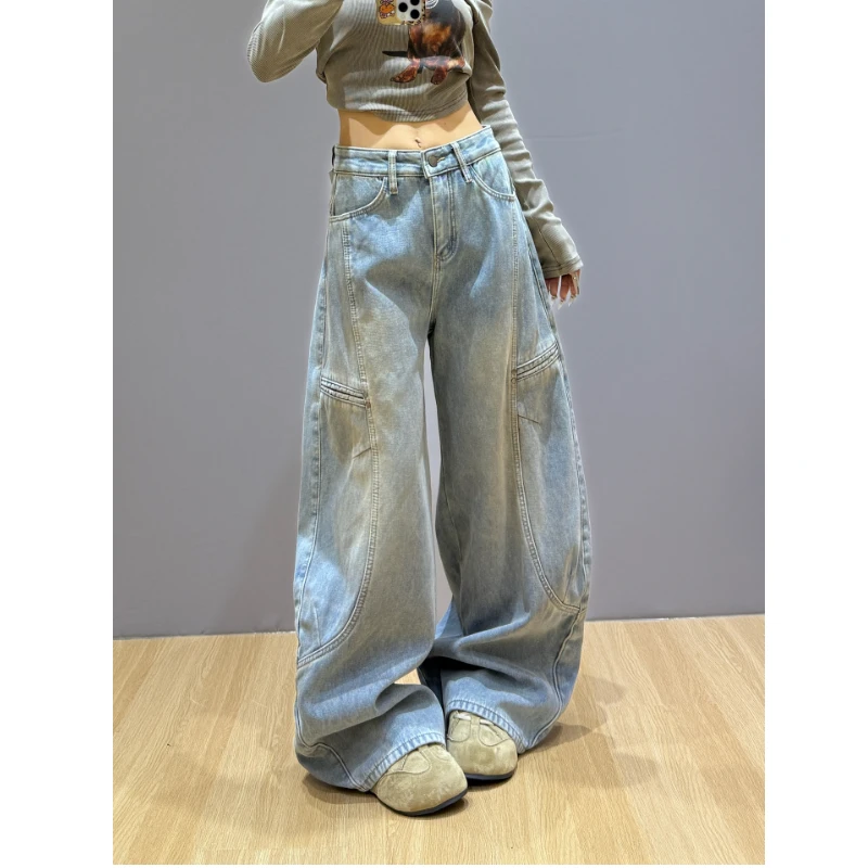 美式设计感拼接加绒弯刀牛仔裤女2025冬季新款百搭加厚镰刀阔腿裤