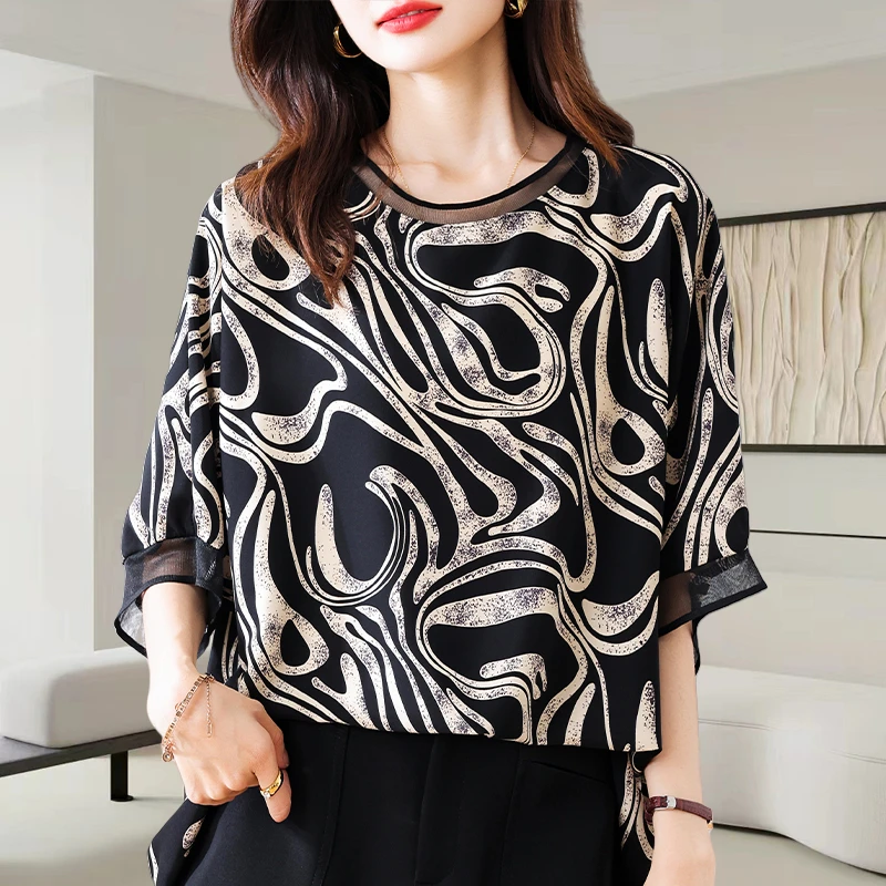 圆领印花雪纺衫女2025夏季新款时尚减龄宽松显瘦别致小衫t恤上衣