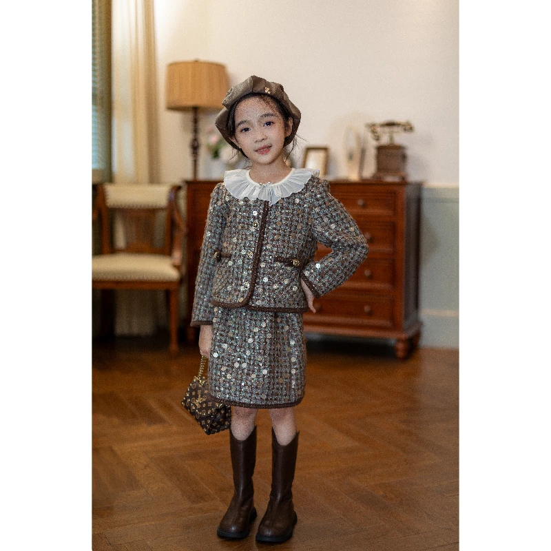 童一密度【玫丽之夜】女童韩系轻奢丝绒拼接加厚花呢套装 T206