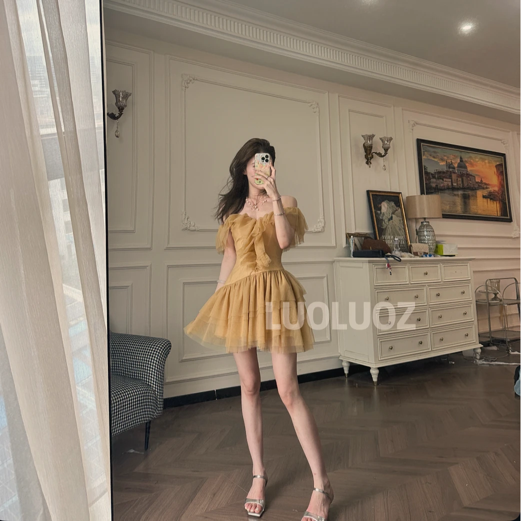 LUOLUOZ【云边日落】法式气质不规则绝美色系收腰短款连衣裙JF870