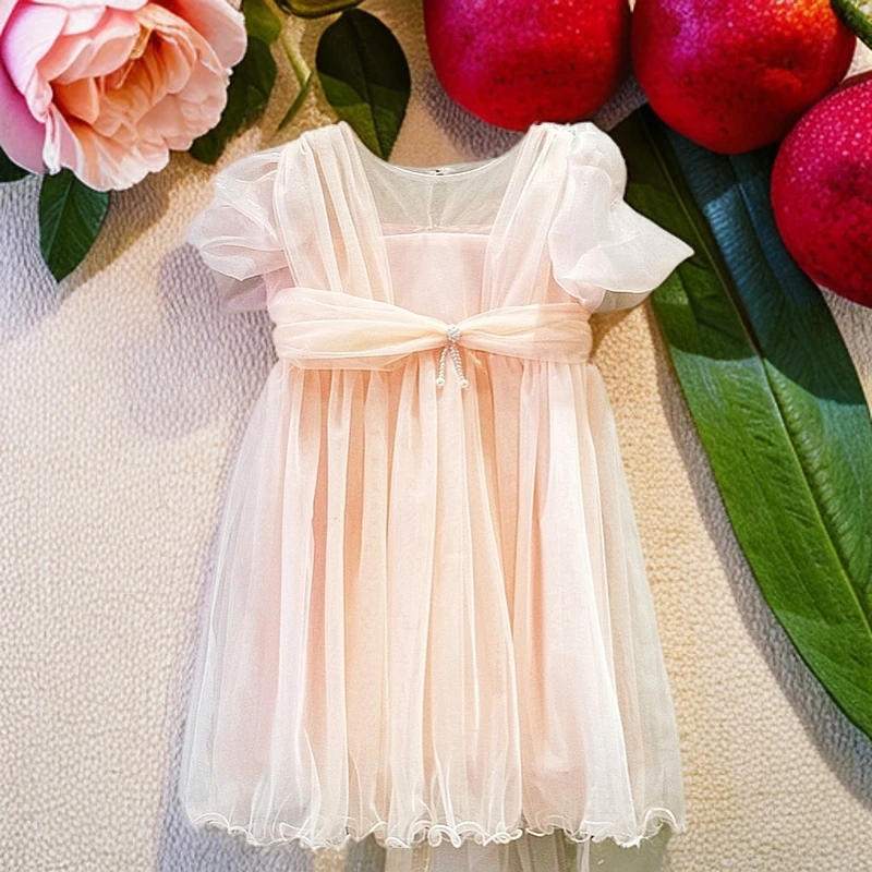 女孩碎花纯色洋气短袖春夏季女连衣裙A字裙女宝礼服蓬蓬裙女童