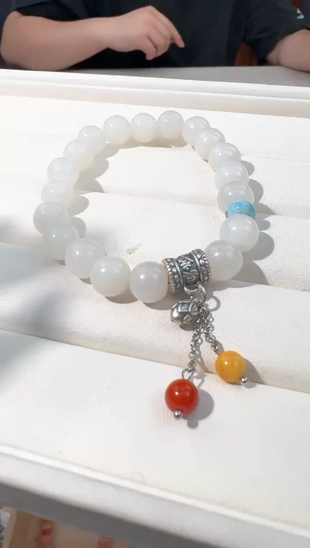 【闪购商品】和田玉手链银S925镶嵌和田白玉海纹盘珠设计款