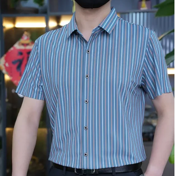 2025夏季凉感冰丝男士短袖衬衫条纹显瘦薄款商务休闲衬衫