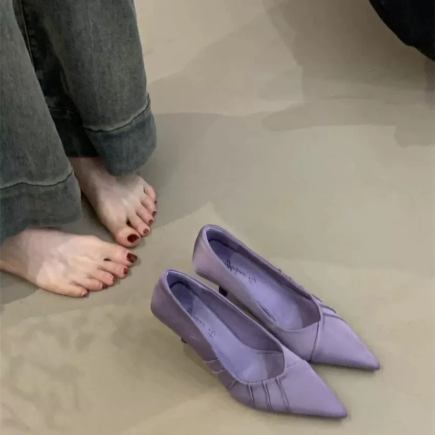 A899-8法式紫色高跟鞋女鞋子2025春季气质仙女尖头浅口细跟通勤鞋