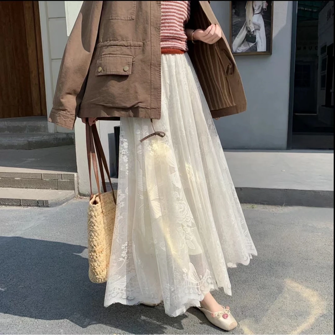 【话江南】独立设计款中长裙成人蕾丝长裙半身裙日常中国风裙子气质