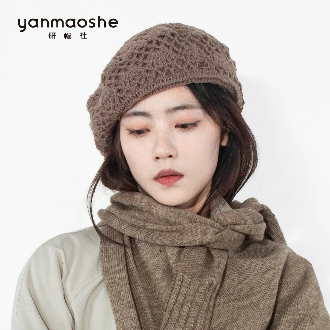 研帽社镂空钩花时尚MX057贝雷帽女优雅针织帽套头毛线帽宽松帽子