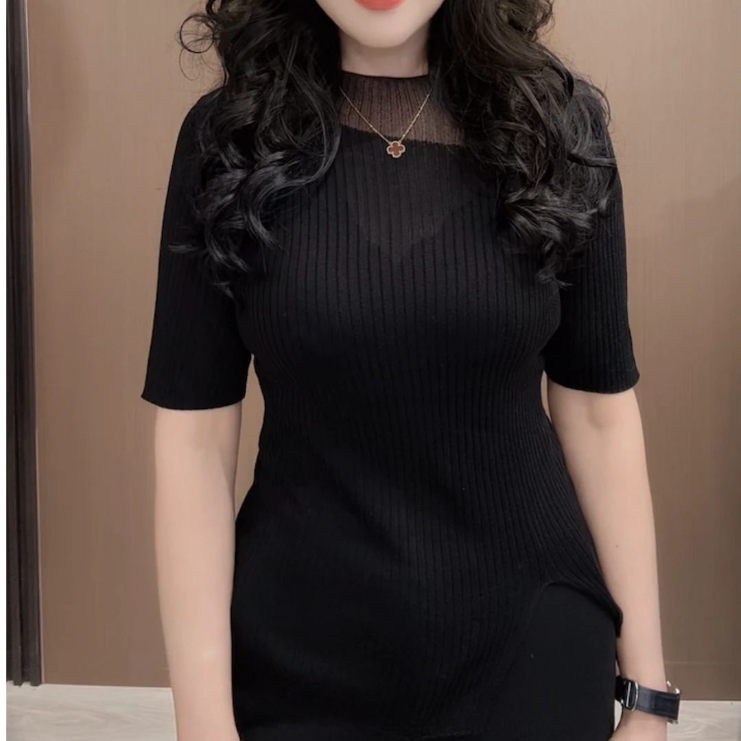 【诗菡服饰】2025夏季新款优雅女人味蕾丝拼接微透中袖针织衫 2508