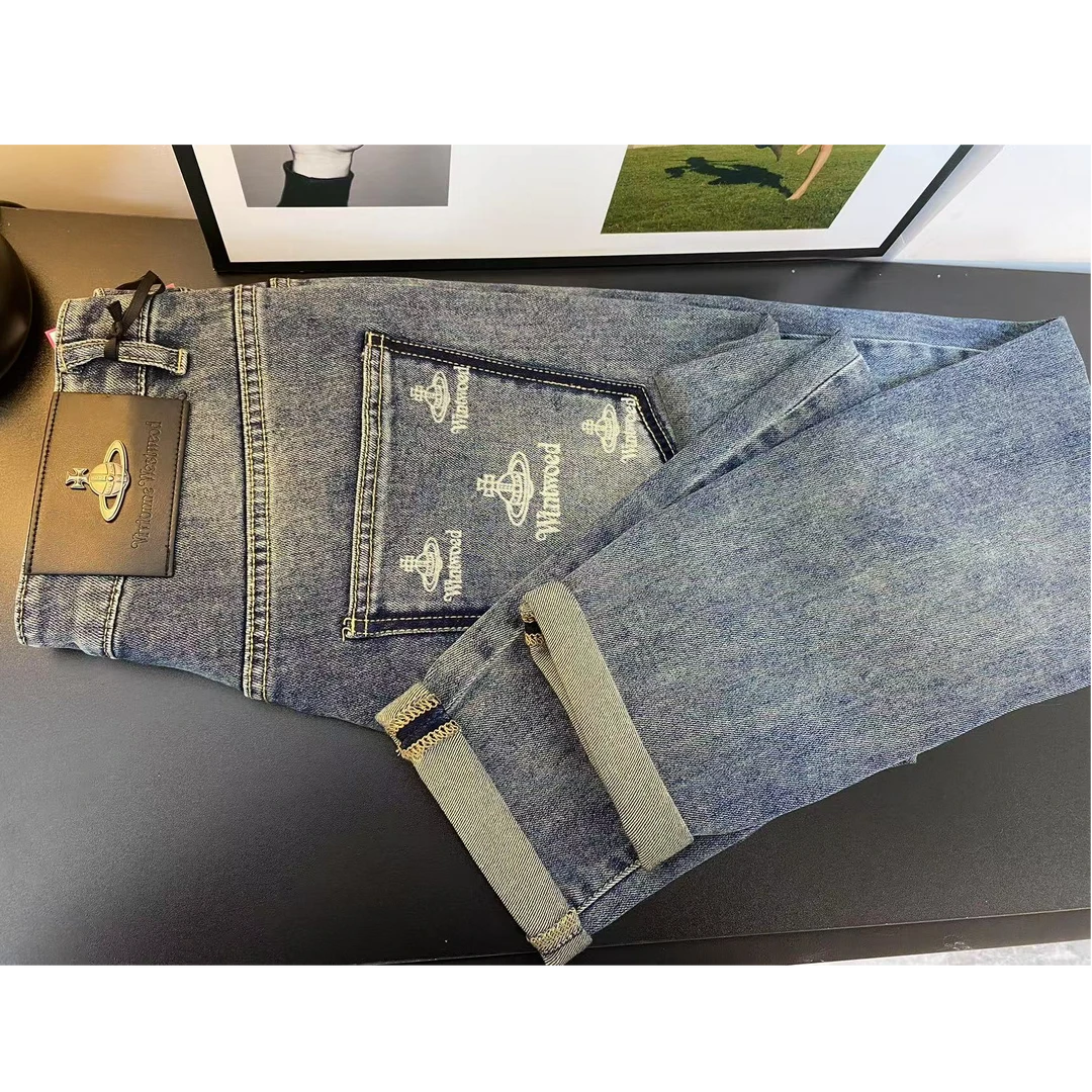 2025早春款印花丹宁牛仔裤蓝色直筒时尚休闲百搭复古破洞水洗2509