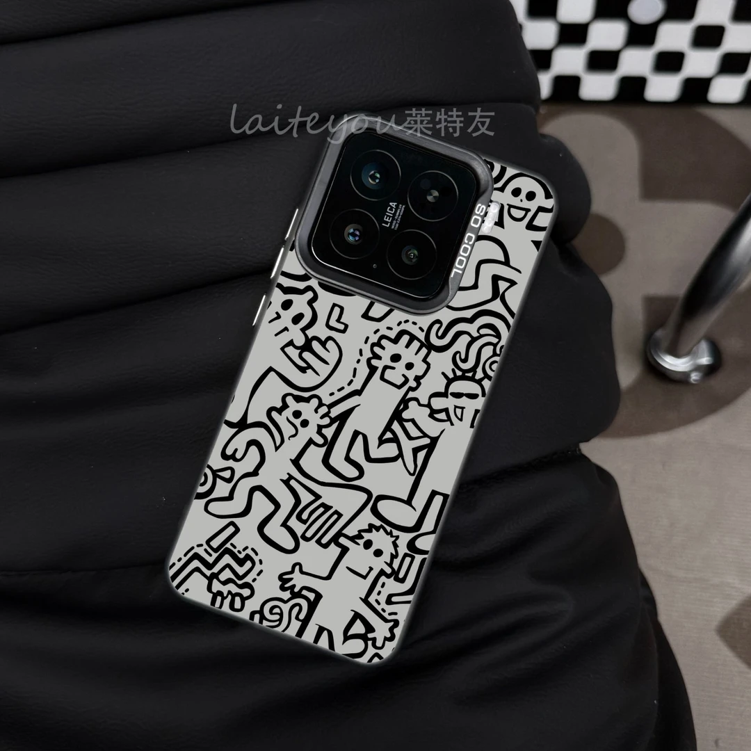 适用小米15华为mate70苹果16荣耀vivo彩银涂鸦线条防摔磨砂手机壳