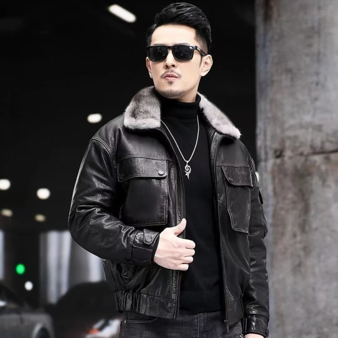 【头层小牛皮】新款油蜡休闲可拆卸内胆短款男士皮衣经典潮流