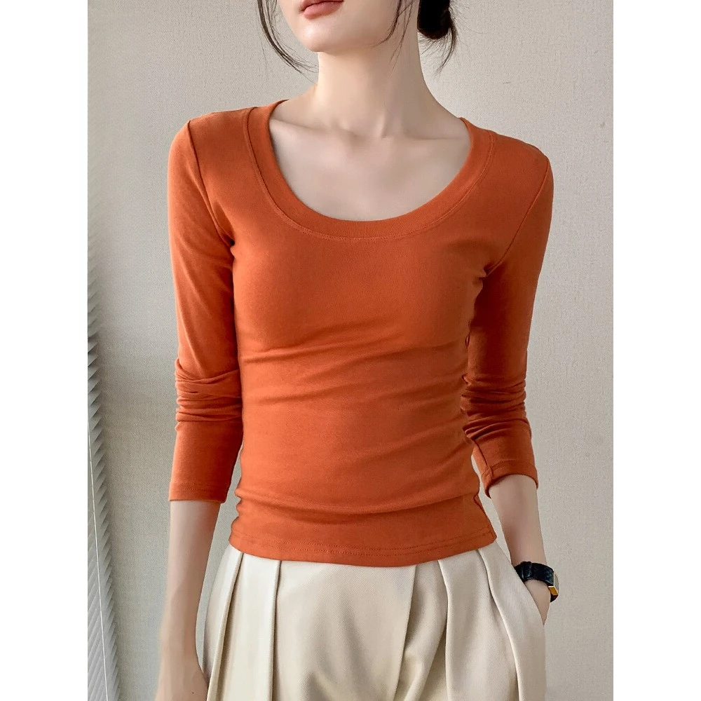 圆领长袖打底T恤春秋纯色内搭上衣打底衫女内搭流光风修身打底衫