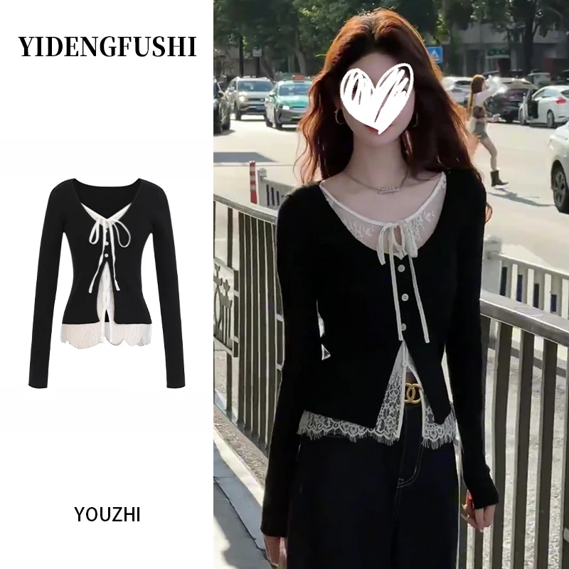 YIDENG韩系黑色假两件蕾丝拼接长袖女早秋修身纯欲绑带百搭T恤