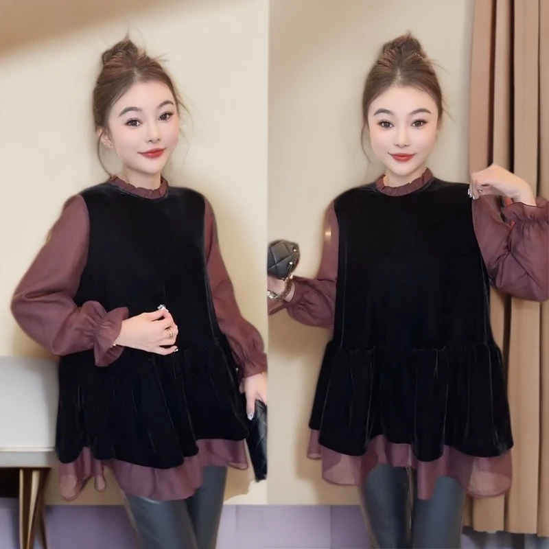 2025早秋新款洋气女款上衣高级感淑女后扣宽松阔版丝绒拼接雪纺衫
