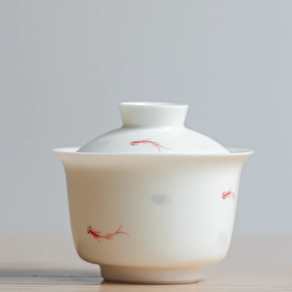 羊脂玉白瓷茶壶手绘小鱼小盖碗单泡茶壶带过滤中式简约泡茶器茶具