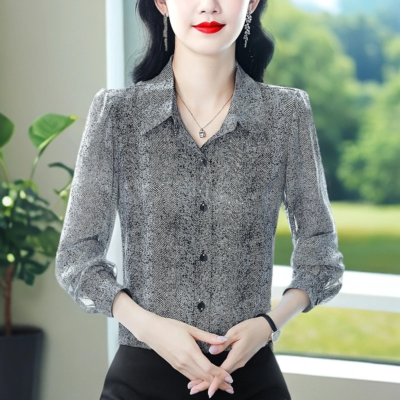 印花女上衣春秋季衬衫新款减龄时尚2025长袖百搭高档宽松衬衣显瘦