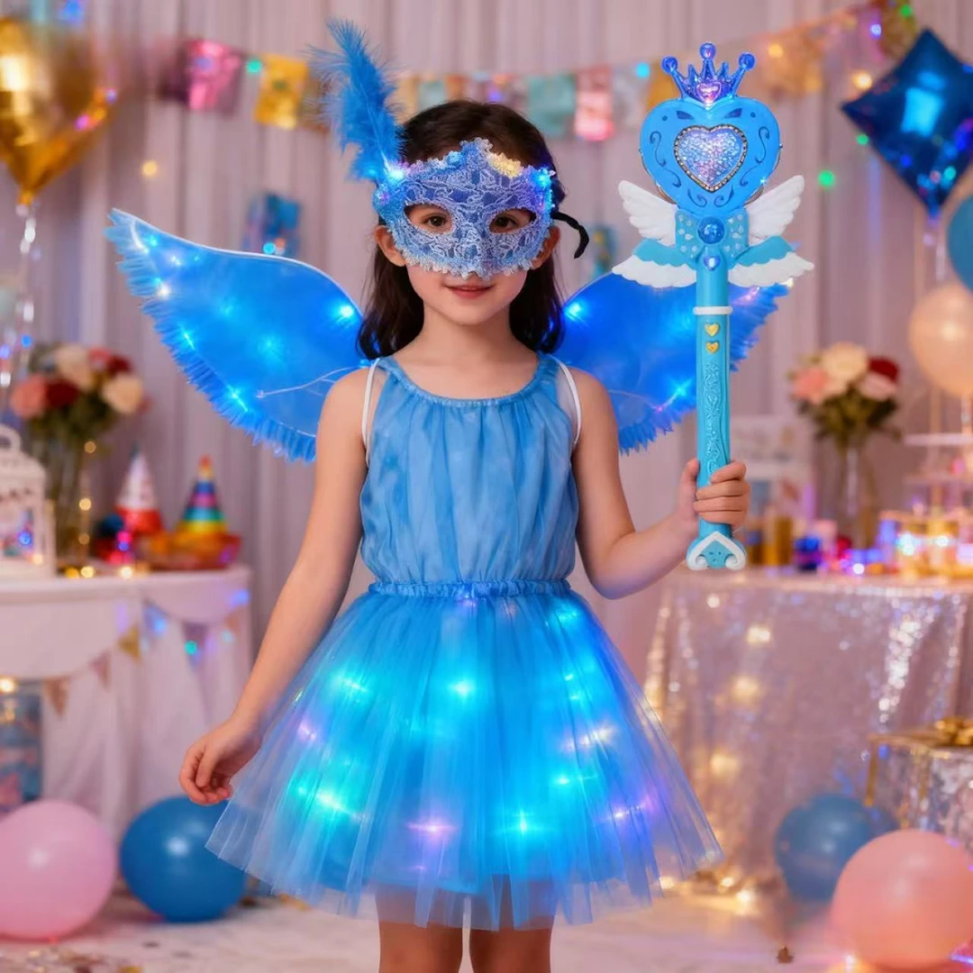彩灯布艺天使翅膀霓虹套装小仙女发光头纱公主魔法棒女孩礼物