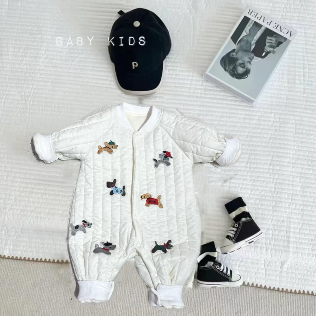 三防面料小狗+竖条纹小狗棉服婴幼儿连身衣保暖棉衣