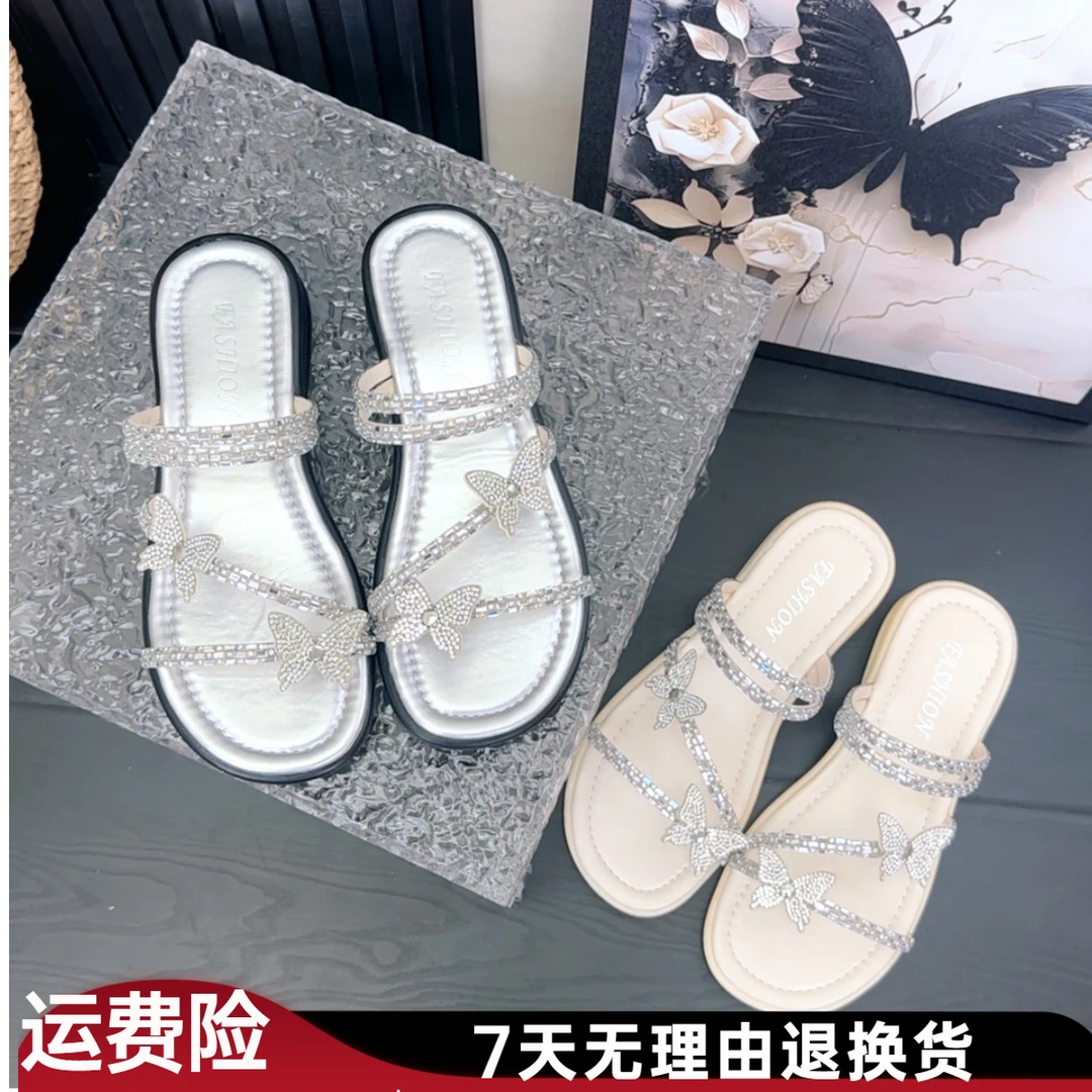 2025年夏季新款女士时尚蝴蝶结水钻凉鞋百搭气质纯色两穿凉拖鞋女