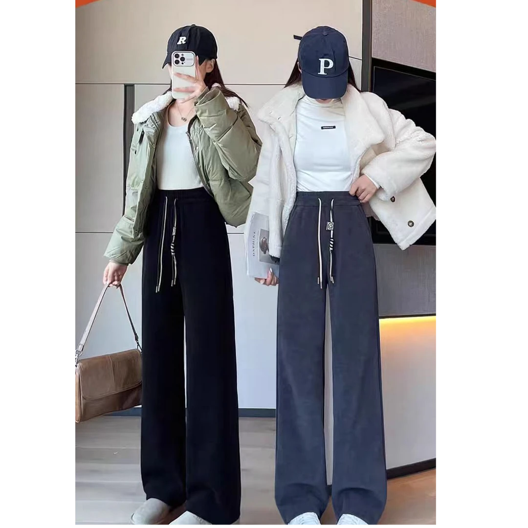 秋冬季高腰条纹直筒裤加绒加厚休闲百搭宽松