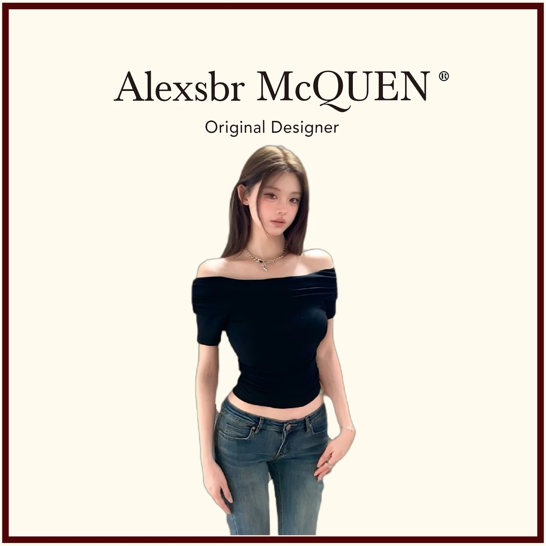 YDD•「一字肩」黑色短袖T恤女夏季性感辣妹紧身收腰短款露肩上衣