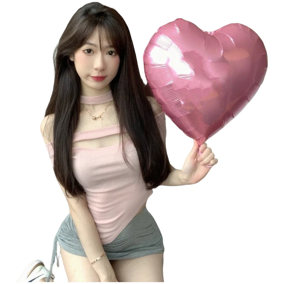 纯挂脖辣妹欲一字领露肩镂空短袖恤女不规则紧身小心机短款上衣针