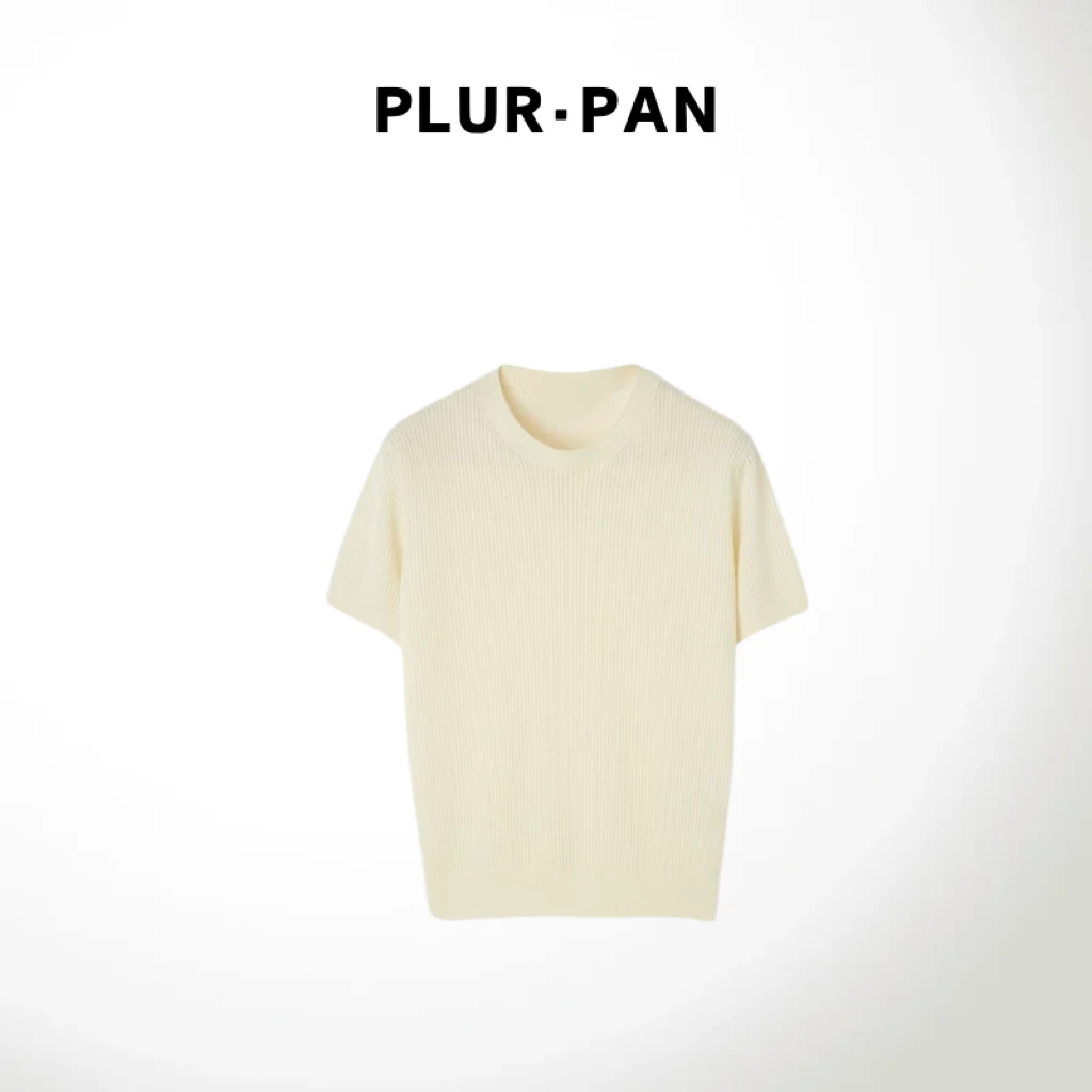 PLUR·PAN简约绞花网眼编织圆领修身短袖衫