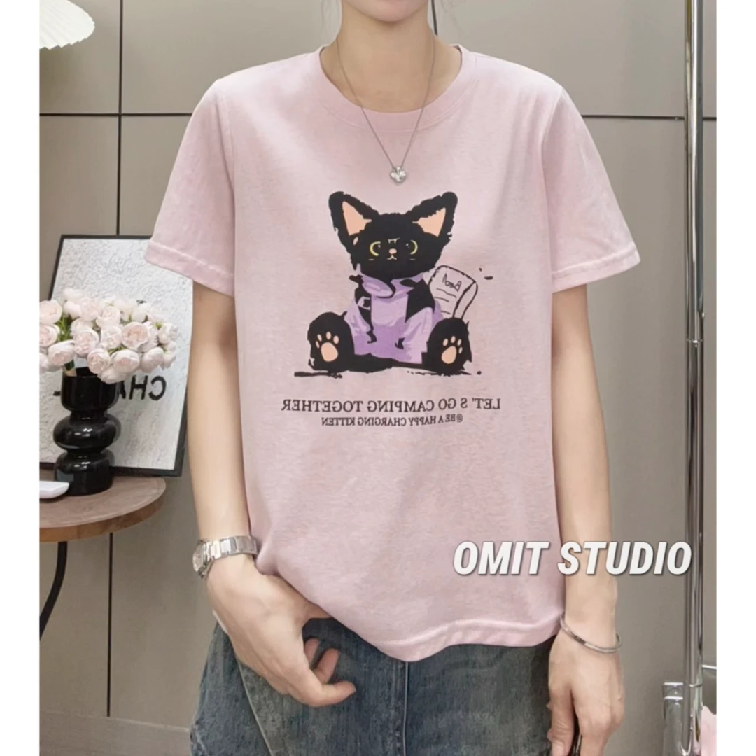 【小猫粉T】新款宽松冰爽雪花棉凉快透气轻薄印花短袖