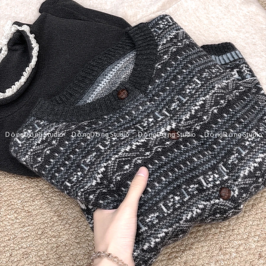 冬季新品【灰珐琅开衫】圆领提花宽松长袖针织毛衣保暖外套 98358