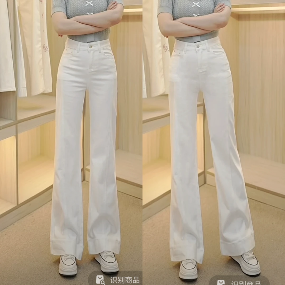 岚岚涵涵春季新款百搭阔腿喇叭裤简约气质奶白色窄版复古牛仔裤
